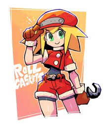 Rule 34 | 1girl, arm at side, blonde hair, blush stickers, bodysuit, character name, closed mouth, cowboy shot, gloves, green eyes, halftone, hand on headwear, hand up, hat, highres, holding, jacket, looking at viewer, medium hair, mega man (series), mega man legends (series), navel, rariatto (ganguri), red gloves, red hat, red jacket, red shorts, roll caskett (mega man), short sleeves, shorts, smile, solo, standing, wrench