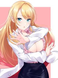 Rule 34 | 1girl, blonde hair, breasts, cleavage, collared shirt, commentary, elf, english commentary, frilled shirt, frills, gradient hair, green eyes, high-waist skirt, highres, hololive, lab coat, large breasts, long hair, long sleeves, looking at viewer, multicolored hair, open clothes, open shirt, parted lips, pink shirt, pointy ears, red hair, rena sakuma, shirt, skirt, solo, very long hair, virtual youtuber, yuzuki choco, yuzuki choco (1st costume)