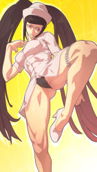 Rule 34 | 1girl, black panties, breasts, cameltoe, eyepatch, han juri, highres, leg lift, long hair, muscular, muscular female, official alternate costume, panties, partially visible vulva, simple background, solo, spread legs, street fighter, tagme, thigh strap, thighs, tomoyuki kotani, twintails, underwear, very long hair, yellow background