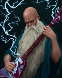 Rule 34 | 1boy, artist name, bald, beard, black background, blue cloak, cigarette, cloak, commentary request, electric guitar, facial hair, guitar, holding, holding instrument, instrument, lips, long beard, looking at viewer, male focus, manly, music, no pupils, old, old man, original, playing instrument, realistic, sevi, solo, upper body, very long beard, white eyes, wide sleeves, wizard