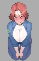 Rule 34 | 1girl, :q, black collar, blue jacket, blue pants, blush, breasts, breasts squeezed together, closed mouth, collar, collarbone, curvy, fortune (last origin), full body, grey background, hands on own knees, heart, heart-shaped pupils, highres, huge breasts, jacket, last origin, leotard, long sleeves, looking at viewer, moebell, mole, mole under eye, naughty face, open clothes, open jacket, pants, parted bangs, plump, red eyes, red hair, red lips, see-through, seiza, short hair, simple background, sitting, sleeves rolled up, smile, solo, sweat, symbol-shaped pupils, thick thighs, thighs, tongue, tongue out, v arms, white leotard, zipper pull tab
