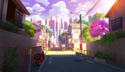 Rule 34 | absurdres, branch, bush, city, cloud, cloudy sky, highres, house, kevin gnutzmans, lamppost, league of legends, motor vehicle, motorcycle, outdoors, people, road, road sign, scenery, sign, sky, star guardian (league of legends), sunlight, sunset, tree, walking, warning sign, wire