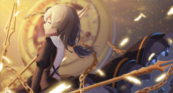 Rule 34 | 1girl, absurdres, blurry, blurry background, blush, breasts, chain, clock, closed eyes, cross (weapon), dress, estcc, feathers, from side, gold, habit, hair between eyes, hair ornament, highres, holding, holding polearm, holding spear, holding weapon, honkai (series), honkai impact 3rd, juliet sleeves, long hair, long sleeves, low ponytail, nun, parted lips, polearm, puffy sleeves, silver hair, small breasts, solo, spear, theresa apocalypse, theresa apocalypse (valkyrie pledge), weapon, wind, wind lift