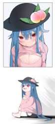 Rule 34 | 1girl, absurdres, black headwear, black shorts, blue hair, blush stickers, cleavage cutout, clothing cutout, highres, hinanawi tenshi, knees up, looking at viewer, meme attire, multiple views, open-chest sweater, peach hat ornament, pink sweater, red eyes, ribbed sweater, shorts, sitting, smile, sweater, touhou, tsune (tune)