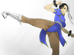 Rule 34 | 1girl, black hair, boots, bracelet, brown pantyhose, bun cover, capcom, china dress, chinese clothes, chun-li, cross-laced footwear, double bun, dress, hair bun, highres, jewelry, kicking, knee boots, lace-up boots, pantyhose, pelvic curtain, red eyes, san (sinji-koro), shiny clothes, short hair, solo, spiked bracelet, spikes, street fighter, white background, white footwear