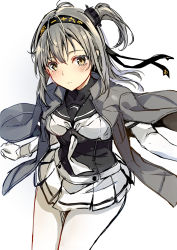 Rule 34 | 10s, 1girl, bad id, bad pixiv id, blush, bodysuit, brown eyes, closed mouth, commentary, cowboy shot, gloves, grey hair, hair between eyes, headband, highres, jacket, jacket on shoulders, jacob dream world, kantai collection, long hair, looking at viewer, miniskirt, one side up, pantyhose, pleated skirt, revision, sailor collar, school uniform, serafuku, simple background, skirt, solo, suzutsuki (kancolle), uniform, white background, white gloves, white pantyhose, white skirt