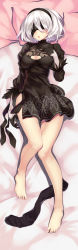 Rule 34 | 1girl, absurdres, aoi (buzhuen444), arm at side, bad id, bad pixiv id, bare legs, barefoot, bed sheet, black dress, black gloves, black hairband, black ribbon, black thighhighs, blindfold, breasts, cleavage, cleavage cutout, clothing cutout, covered eyes, dakimakura (medium), dress, feet, from above, full body, gloves, hair over eyes, hairband, hand on own chest, hand up, highres, juliet sleeves, knees up, large breasts, legs, long sleeves, looking at viewer, lying, medium breasts, mole, mole under mouth, nier (series), nier:automata, on back, on bed, open mouth, parted lips, pink lips, pod (nier:automata), print dress, puffy sleeves, ribbon, short dress, short hair, side slit, silver hair, solo, thighhighs, unworn thighhighs, toenails, toes, turtleneck, vambraces, 2b (nier:automata)