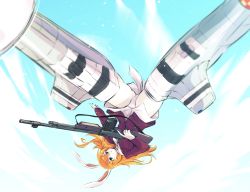 Rule 34 | 1girl, animal ears, charlotte e. yeager, floating hair, flying, gun, highres, holding, holding gun, holding weapon, ishiyumi, long hair, looking at viewer, mecha musume, orange hair, rabbit ears, rabbit girl, rifle, solo, strike witches, upside-down, weapon, world witches series