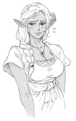 Rule 34 | 1girl, bad id, bb (baalbuddy), blush, braid, breasts, closed mouth, copyright request, dark-skinned female, dark elf, dark skin, dress, elf, flower, flying sweatdrops, greyscale, hair flower, hair ornament, hair over shoulder, highres, inactive account, jewelry, large breasts, lipstick, looking at viewer, makeup, monochrome, necklace, pointy ears, sash, simple background, single braid, smile, solo, upper body, white background