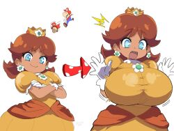 Rule 34 | 1boy, 1girl, arrow (symbol), before and after, blue eyes, breast expansion, breasts, brown hair, bursting breasts, crossed arms, crown, dark-skinned female, dark skin, dress, eyelashes, fruithead, gloves, hat, huge breasts, looking at viewer, mario, mario (series), mushroom, nintendo, open mouth, orange dress, princess daisy, red hat, shiny skin, short hair, small breasts, smile, solo focus, standing, super mushroom, surprised, taut clothes, taut dress, throwing, w arms, white background, white gloves