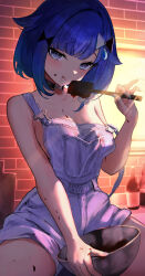 1girl :q absurdres black_bow black_collar blue_eyes blue_hair blunt_bangs bow breasts brick_wall chocolate chocolate_making chocolate_on_body chocolate_on_face chocolate_on_hand chocolate_on_legs collar food food_on_body food_on_face food_on_hand grey_overalls hair_bow hair_flaps head_tilt highres indoors looking_at_viewer medium_breasts mixing_bowl naikon naked_overalls naughty_face overall_shorts overalls short_hair sideboob sitting solo spatula spread_legs strap_slip tongue tongue_out tsumugi_kokage valentine virtual_youtuber vspo! water_drop_hair_ornament window