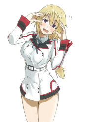Rule 34 | 10s, 1girl, blonde hair, blush, breasts, carlos toshiki, charlotte dunois, head tilt, infinite stratos, large breasts, long hair, looking at viewer, no pants, open mouth, purple eyes, ribbon, school uniform, simple background, solo, thighs, white background