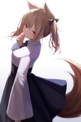 Rule 34 | 1girl, animal ears, arknights, black bow, black skirt, blurry, bow, brown hair, expressionless, fox ears, fox girl, fox tail, gradient background, hair bow, hand on own cheek, hand on own face, high-waist skirt, highres, konome noi, long hair, long sleeves, looking at viewer, looking to the side, red eyes, shirt, skirt, solo, sora (arknights), tail, twintails, white shirt, wide sleeves, wolf ears, wolf tail