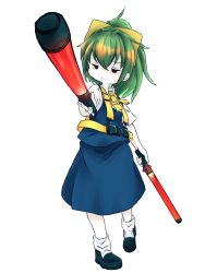 Rule 34 | 1girl, aiming, aiming at viewer, black eyes, black footwear, blue skirt, blue vest, bow, closed mouth, collared shirt, colored skin, commentary request, cookie (touhou), daiyousei, diyusi (cookie), dual wielding, full body, green hair, hair between eyes, hair bow, high-visibility vest, highres, holding, looking at viewer, medium hair, ponytail, shirt, shoes, simple background, skirt, socks, solo, standing, tail or, touhou, traffic baton, transparent background, vest, white shirt, white skin, white socks, yellow bow