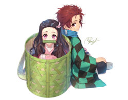 Rule 34 | 1boy, 1girl, asa no ha (pattern), bad id, bad pixiv id, bamboo, basket, bit gag, black hair, blue scarf, brother and sister, brown hair, closed mouth, earrings, gag, hair ribbon, haori, in basket, in container, indian style, japanese clothes, jewelry, kamado nezuko, kamado tanjirou, kimetsu no yaiba, kimono, long hair, looking at viewer, multicolored hair, pink eyes, pink kimono, pink ribbon, red eyes, red hair, ribbon, rupinesu, scar, scar on face, scar on forehead, scarf, siblings, signature, simple background, sitting, smile, two-tone hair, very long hair, white background