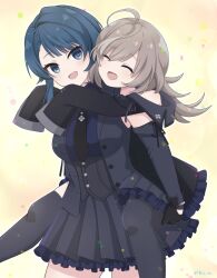 Rule 34 | 2girls, :d, ^ ^, ahoge, aizawa kazuha, artist name, assault lily, asymmetrical hair, bare shoulders, black gloves, black jacket, black necktie, black skirt, black thighhighs, blue eyes, blue hair, blue shirt, breasts, buttons, carrying, carrying person, closed eyes, commentary request, commission, confetti, cowboy shot, detached sleeves, gloves, gradient background, grey hair, hands up, heads together, highres, jacket, long hair, long sleeves, looking at viewer, medium breasts, medium hair, miniskirt, multicolored hair, multiple girls, necktie, off shoulder, official alternate costume, official art, open clothes, open jacket, open mouth, piatin, piggyback, pleated skirt, sasaki ran, shirt, skeb commission, skirt, sleeveless, sleeveless jacket, sleeves past fingers, sleeves past wrists, smile, standing, streaked hair, thighhighs, underbust, yellow background