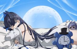 Rule 34 | 1girl, absurdres, black hair, blue eyes, blue hair, breasts, ear piercing, full moon, hair intakes, highres, hololive, hololive english, kronie (ouro kronii), large breasts, long hair, looking at viewer, lying, moon, no pants, o22no, official alternate costume, on stomach, ouro kronii, ouro kronii (casual), piercing, shirt, sideboob, smol kronii, solo, sweater, virtual youtuber, white shirt