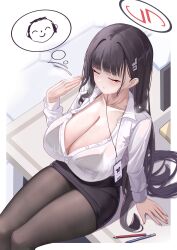 Rule 34 | 1girl, absurdres, black hair, black skirt, blue archive, blunt bangs, blush, border, bra visible through clothes, breasts, cleavage, closed eyes, collarbone, desk, doodle sensei (blue archive), fanning self, from above, hair ornament, hairclip, halo, highres, hot, huge breasts, kaijiba, lanyard, light particles, long hair, miniskirt, office lady, on desk, pantyhose, parted lips, pen, pencil skirt, rio (blue archive), sensei (blue archive), sitting, skirt, solo, thought bubble, very long hair, white border, white hair