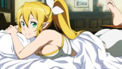 Rule 34 | 10s, 1girl, barefoot, bed, blonde hair, breast press, breasts, feet, female focus, game cg, green eyes, indoors, large breasts, leafa, leafa (sao:im), leg up, long hair, looking at viewer, lying, on stomach, pillow, sideboob, smile, solo, sword art online, sword art online: hollow fragment, the pose, toes