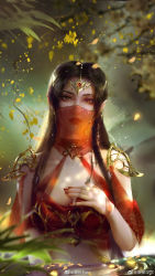 Rule 34 | 1girl, absurdres, bare shoulders, black hair, branch, doupo cangqiong, dress, earrings, hair ornament, hand on own chest, highres, jewelry, lamia, long hair, monster girl, mouth veil, red dress, veil, weibo watermark, xi bai fiee