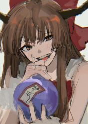 Rule 34 | 1girl, :d, bad id, bad twitter id, bare shoulders, blush, bottle, bow, bowtie, brown eyes, brown hair, chromatic aberration, commentary request, fang, gotagotay, gourd, hair bow, hands up, head tilt, highres, holding, holding bottle, horns, ibuki suika, long hair, looking at viewer, oni horns, open mouth, red bow, red bowtie, shirt, sidelocks, simple background, smile, solo, teeth, torn clothes, touhou, upper body, white background, white shirt, wrist cuffs