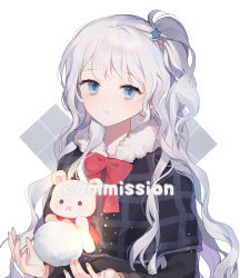 Rule 34 | 1girl, :t, black capelet, black shirt, blue eyes, blush, bow, brown nails, capelet, closed mouth, commission, fingernails, fur-trimmed capelet, fur trim, grey hair, hair ornament, hands up, long hair, long sleeves, looking at viewer, moffle (ayabi), one side up, original, pout, red bow, shirt, snowball, solo, star (symbol), star hair ornament, stuffed animal, stuffed toy, teddy bear, upper body, very long hair, white background