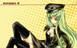 Rule 34 | 1girl, black thighhighs, c.c., choker, code geass, female focus, green hair, halftone, halftone background, hat, jacket, jewelry, long hair, military, military uniform, miniskirt, nazi, necklace, sitting, skirt, solo, thighhighs, uniform, witchonly, yellow eyes