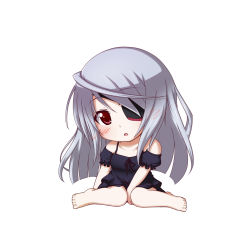 Rule 34 | 10s, 1girl, chibi, grey hair, highres, infinite stratos, kuena, laura bodewig, long hair, red eyes, simple background, sitting, solo, white background