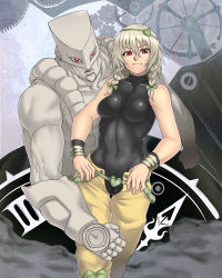 Rule 34 | 1girl, abs, bracelet, braid, breasts, cameltoe, clock, cosplay, covered navel, dio brando, dio brando (cosplay), female focus, headband, heart, houtengeki, impossible clothes, impossible shirt, izayoi sakuya, jewelry, jojo no kimyou na bouken, large breasts, muscular, parody, power connection, red eyes, shirt, silver hair, spandex, stand (jojo), the world, touhou, twin braids
