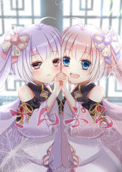 Rule 34 | 2girls, :d, ahoge, blue eyes, blush, child, cover, cover page, frown, gold trim, hair ornament, holding hands, indoors, interlocked fingers, izumi (stardustalone), light brown hair, looking at viewer, multiple girls, official art, open mouth, short hair, siblings, silver hair, sisters, smile, twins