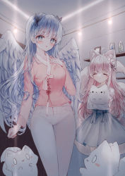 Rule 34 | 2girls, ^ ^, ahoge, animal, animal ear fluff, animal ears, blue eyes, blue hair, blue skirt, breasts, cat, closed eyes, closed mouth, commentary request, feathered wings, fox, hair intakes, hand up, highres, indoors, long hair, long sleeves, medium breasts, multiple girls, original, pants, pink hair, pink shirt, pleated skirt, shelf, shirt, skirt, standing, tail raised, tandohark, very long hair, white pants, white shirt, white wings, wings
