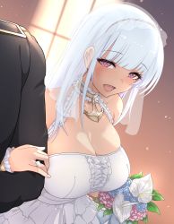 Rule 34 | 1boy, 1girl, anchor choker, azur lane, bare shoulders, black jacket, blue flower, blue rose, blunt bangs, blush, bouquet, breasts, bridal veil, bride, center frills, cleavage, dido (azur lane), dress, eyelashes, flower, frills, glint, half-closed eyes, hetero, highres, husband and wife, jacket, jewelry, large breasts, locked arms, looking at viewer, lower teeth only, open mouth, pink eyes, ring, rose, sidelocks, skindentation, sleeveless, sleeveless dress, smile, solo focus, teeth, tongue, upanishi mariko, upper body, veil, wedding band, wedding dress, white dress, white flower, white hair