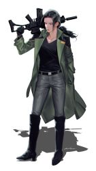 Rule 34 | 1girl, belt, black footwear, black gloves, black hair, black shirt, boots, breasts, carrying over shoulder, cigarette, coat, eyeshadow, floating hair, full body, gloves, green coat, grey pants, gun, hair slicked back, hand in pocket, hand up, holding, holding gun, holding weapon, jewelry, juneseo, knee boots, long hair, looking to the side, low ponytail, makeup, mole, mole under eye, mouth hold, necklace, open clothes, open coat, original, pants, pendant, ponytail, rifle, shadow, shirt, smoking, solo, standing, v-neck, weapon, white background