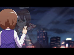 Rule 34 | 1girl, anime coloring, bow, brown eyes, brown hair, building, cape, cato (monocatienus), city lights, cityscape, commentary request, different reflection, glasses, hat, hat bow, letterboxed, long sleeves, low twintails, night, night sky, plaid, red-framed eyewear, reflection, semi-rimless eyewear, shirt, sky, skyscraper, solo, touhou, twintails, under-rim eyewear, upper body, usami sumireko, vest, window