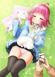 Rule 34 | &gt; &lt;, 1girl, :&gt;, absurdres, ahoge, black skirt, black thighhighs, blue jacket, blunt ends, blush, bow, bow panties, bowtie, cat, cat on person, cellphone, closed eyes, clothes lift, commentary request, day, dot nose, grass, hanpen (nijigasaki), highres, holding, holding phone, hood, hooded jacket, jacket, legs, long sleeves, love live!, love live! nijigasaki high school idol club, lying, marker, nijigasaki school uniform, on grass, outdoors, panties, paper, parted lips, phone, pink hair, pink panties, polka dot, polka dot panties, rina-chan board, ritaso, school uniform, shirt, short hair, sidelocks, skirt, skirt lift, sleeping, sleeves past wrists, smartphone, solo focus, taking picture, tennoji rina, thighhighs, thighs, underwear, white cat, white shirt, wing collar, yellow bow, yellow bowtie