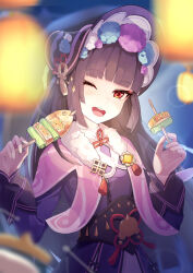 Rule 34 | 1girl, absurdres, azusaec, black corset, black dress, black hair, blunt bangs, bonnet, capelet, chinese commentary, collar, commentary request, corset, dress, eyeshadow, food, fur collar, genshin impact, hands up, highres, holding, holding food, lantern, lantern festival, long hair, long sleeves, makeup, one eye closed, open mouth, paper lantern, pink capelet, puffy long sleeves, puffy sleeves, red eyes, red eyeshadow, sky lantern, smile, solo, teeth, upper body, upper teeth only, vision (genshin impact), white collar, yun jin (genshin impact)