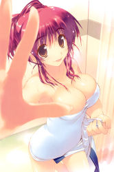 Rule 34 | 1girl, :o, :p, absurdres, alternate hairstyle, amazuyu tatsuki, armpits, bare shoulders, bathroom, bathtub, blurry, breasts, brown eyes, cleavage, curtains, depth of field, fingernails, hair bun, hair up, highres, indoors, kousaka tamaki, large breasts, long fingernails, naked towel, official art, outstretched arm, ponytail, red hair, scan, short hair, short hair with long locks, sidelocks, single hair bun, standing, standing on one leg, taut clothes, to heart (series), to heart 2, tongue, tongue out, towel, water, wet, wet hair