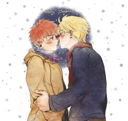 Rule 34 | 2boys, arthur pendragon (fate), bad id, bad pixiv id, blonde hair, blush, brown eyes, chocolateonly, coat, emiya shirou, fate/prototype, fate/stay night, fate (series), green eyes, imminent kiss, male focus, merry christmas, multiple boys, red hair, scarf, yaoi