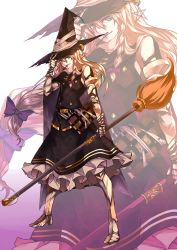 Rule 34 | 1girl, adjusting clothes, adjusting headwear, alternate costume, armor, blonde hair, blue eyes, book, braid, broom, cape, female focus, frills, gathers, gauntlets, greaves, hair ornament, hair ribbon, hat, highres, karlwolf, kirisame marisa, long hair, mouth hold, ribbon, single braid, solo, touhou, witch, witch hat, zoom layer