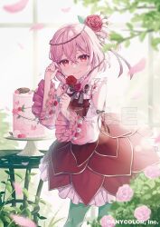 Rule 34 | 1girl, black bow, black bowtie, blush, bow, bowtie, brown eyes, bush, cake, cake stand, clothing cutout, copyright name, dress, falling petals, flower, food, gradient shirt, green pantyhose, happy birthday, holding, holding flower, medium hair, moyui (myi 005), multicolored clothes, multicolored eyes, nijisanji, nijisanji en, official art, pantyhose, petals, pink hair, pink petals, red dress, red flower, red rose, red shirt, rose, rose bush, rosemi lovelock, rosemi lovelock (1st costume), sample watermark, shirt, short sidetail, shoulder cutout, smile, solo, thorns, virtual youtuber, watermark, white flower, white rose, white shirt