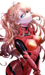 Rule 34 | 1girl, absurdres, ahoge, bad id, bad pixiv id, blue eyes, bodysuit, breasts, brown hair, chigiri kurenai, commentary request, curvy, evangelion: 3.0 you can (not) redo, eyepatch, from side, hair ornament, highres, long hair, looking at viewer, neon genesis evangelion, pilot suit, plugsuit, rebuild of evangelion, red bodysuit, shiny clothes, simple background, solo, souryuu asuka langley, twintails, very long hair, white background, wide hips