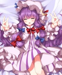 Rule 34 | 1girl, bed sheet, blue ribbon, blunt bangs, blush, bow, bowtie, capelet, closed eyes, commentary request, crescent, crescent hat ornament, dress, frilled dress, frills, hair bow, hat, hat ornament, hat ribbon, highres, long hair, mob cap, open mouth, patchouli knowledge, pink capelet, pink dress, pink hat, purple hair, red bow, red bowtie, red ribbon, ribbon, ruu (tksymkw), striped clothes, striped dress, touhou, vertical-striped clothes, vertical-striped dress, very long hair