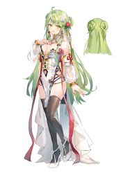 Rule 34 | 1girl, ahoge, bare shoulders, black thighhighs, breasts, china dress, chinese clothes, cleavage, clothing cutout, detached sleeves, dress, earrings, flower, flower knot, full body, gold trim, green hair, hair flower, hair ornament, hair rings, hand on own chest, high heels, highres, jewelry, long hair, looking at viewer, medium breasts, momoko (momopoco), navel cutout, open mouth, orange eyes, original, pelvic curtain, simple background, smile, solo, standing, tassel, thighhighs, thighs, very long hair, white background, white dress, white footwear