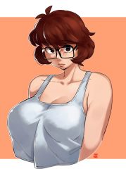 Rule 34 | 1girl, artist name, breasts, brown eyes, brown hair, cleavage, commentary, cropped torso, english commentary, highres, large breasts, original, short hair, snowcie, snowciel, solo, tank top