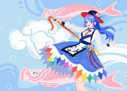 Rule 34 | 1girl, :d, black headwear, blue background, blue eyes, blue hair, blue skirt, cha nishi, commentary, highres, hinanawi tenshi, holding, holding sword, holding weapon, long hair, long sleeves, open mouth, peach hat ornament, rainbow order, see-through, see-through sleeves, skirt, smile, solo, sword, sword of hisou, touhou, weapon