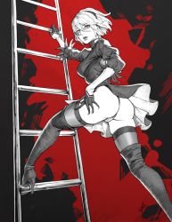 Rule 34 | 1girl, android, ass, black footwear, black thighhighs, boots, breasts, closed mouth, dress, feather trim, from behind, gloves, grey hair, greyscale, greyscale with colored background, hair between eyes, hairband, high heel boots, high heels, highleg, highleg leotard, highres, ladder, leotard, lips, long sleeves, looking back, mole, mole under mouth, monochrome, nier:automata, nier (series), panties, pantyshot, puffy sleeves, red background, short hair, solo, thigh boots, thighhighs, thighs, turtleneck, underwear, 2b (nier:automata)