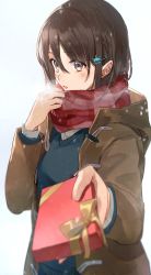 Rule 34 | 1girl, bad id, bad twitter id, blue sweater, brown hair, chocolate, coat, enpera, gift, hair between eyes, hair ornament, hairclip, highres, hood, hooded jacket, hoshi rasuku, jacket, looking at viewer, open clothes, open coat, open mouth, original, reaching, reaching towards viewer, scarf, school uniform, shirt, short hair, simple background, snowing, solo, sweater, upper body, valentine, white background, winter
