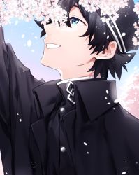 Rule 34 | 1boy, arm up, black hair, black hat, black jacket, black shirt, blue eyes, cherry blossoms, commentary request, day, fate/grand order, fate (series), flower, fujimaru ritsuka (male), fujimaru ritsuka (male) (walking in the spring breeze), haisato (ddclown14), hat, jacket, japanese clothes, long sleeves, looking up, male focus, official alternate costume, one eye covered, open clothes, open jacket, open mouth, outdoors, petals, pink flower, shirt, short hair, smile, solo, spring (season), teeth