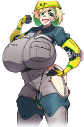 Rule 34 | 1girl, android, android (konoshige), blonde hair, breasts, cowboy shot, curvy, green eyes, green hair, hard hat, helmet, highres, hip vent, huge breasts, konoshige (ryuun), looking at viewer, multicolored hair, open mouth, original, overalls, shiny skin, short hair, smile, solo, standing, thick eyebrows, thick thighs, thighs, two-tone hair, wide hips