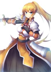 Rule 34 | 1girl, absurdres, armor, artist name, black skirt, blonde hair, blue eyes, blurry, blush, braid, breast suppress, breastplate, closed mouth, crown braid, darkness (konosuba), depth of field, hair ornament, high ponytail, highres, holding, holding sword, holding weapon, kono subarashii sekai ni shukufuku wo!, kwkunai, long hair, looking at viewer, outstretched arm, ponytail, skirt, smile, solo, sword, v-shaped eyebrows, very long hair, watermark, weapon, white background, x hair ornament